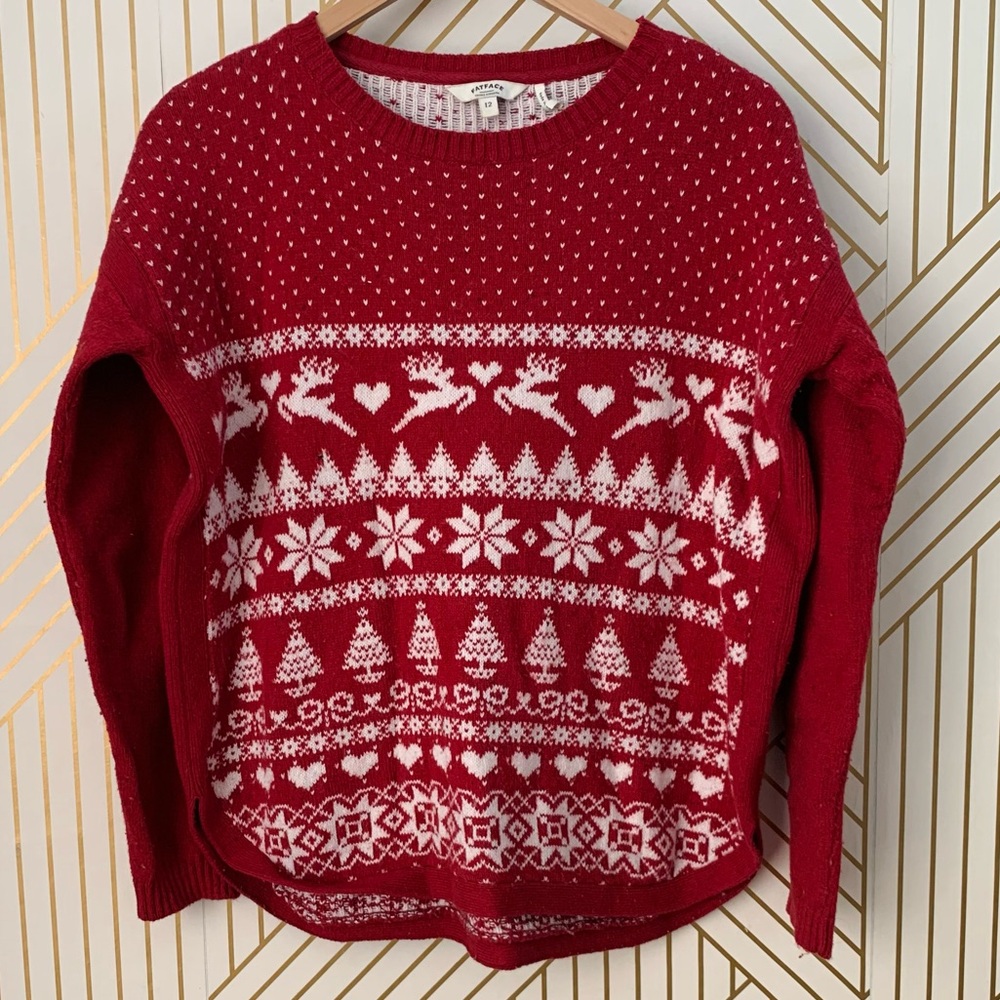 Fat Face cotton wool blend Red Fair Isle Nordic round hem Sweater snowflakes 12